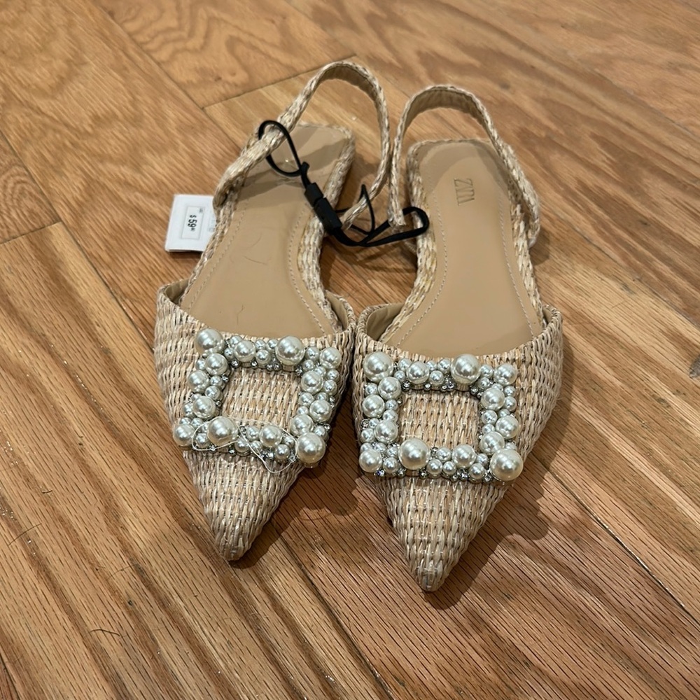 Zara Pearl-Embellished Tan Slingback Flats size 37